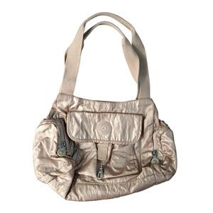 Kipling Shoulder Bag Tote Womens Metallic Champagne Gold Nylon Zip Pockets‎ Logo